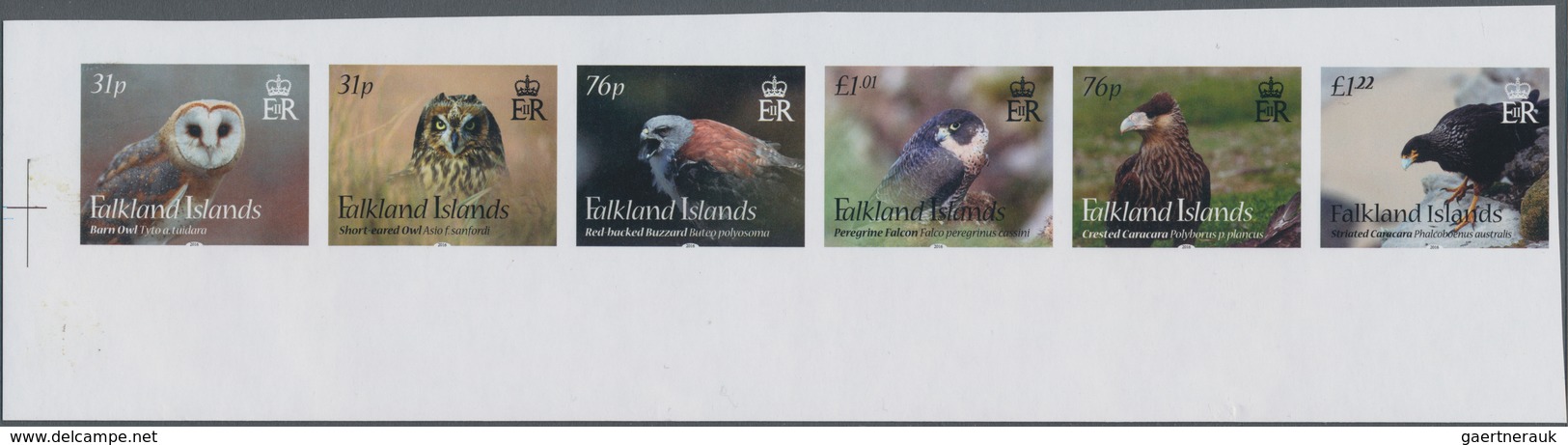 Falklandinseln: 2016, Birds Of Prey, IMPERFORATE Proof Strip Of Six, Mint Never Hinged. - Falklandeilanden