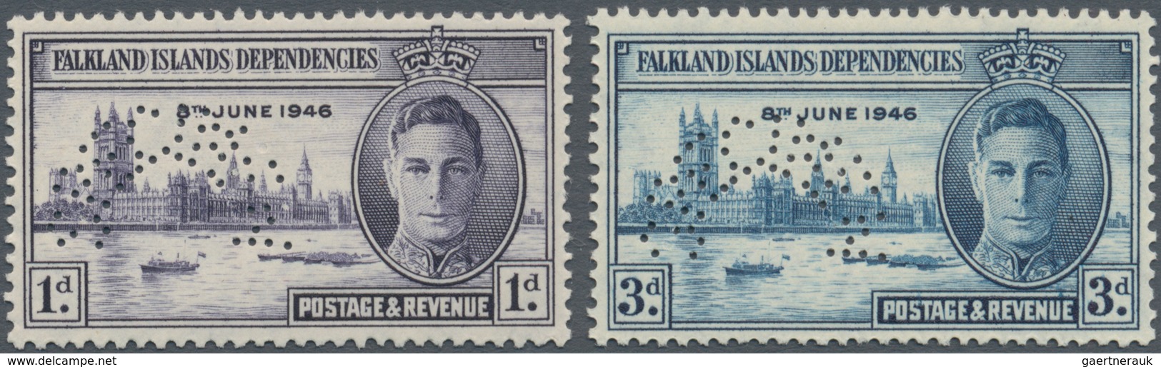 Falklandinseln - Abhängige Gebiete - Allgemeine Ausgabe: 1946, Victory Issue Perforated 'SPECIMEN' C - Falklandeilanden