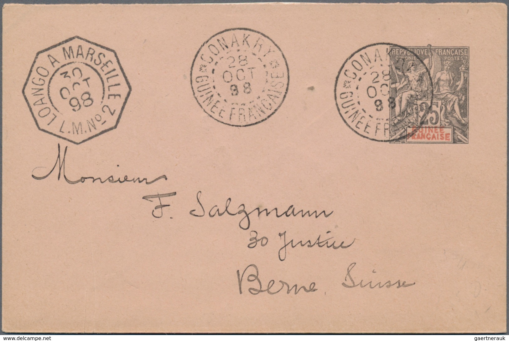 Französisch-Guinea: 1892 Postal Stationery Envelope From Conakry With French Shipmail 1898 To Bern S - Andere & Zonder Classificatie