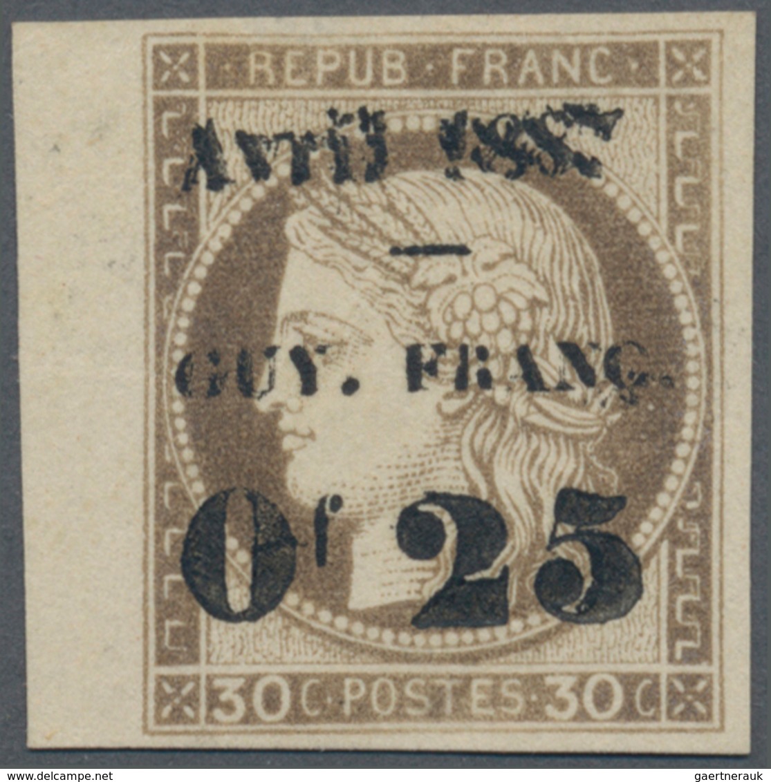 Französisch-Guyana: 1887. Double Overprint "Avril 1887" On 0.25fr/30c, No Gum, Full Margins. - Ongebruikt