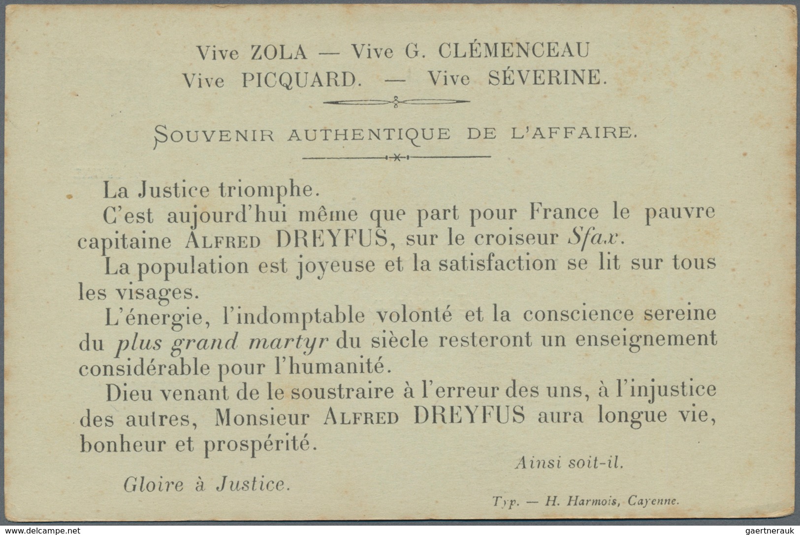 Französisch-Guyana: 1899 "Dreyfus Affair": Printed Postal Stationery Card 10c. Used From Cayenne To - Ongebruikt