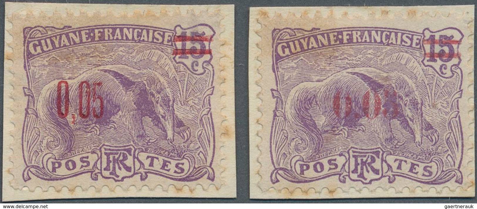 Französisch-Guyana: 1922, Revaluation Overprints, 0.05 On 15c. Violet "Anteater", Two Essays Of Over - Unused Stamps