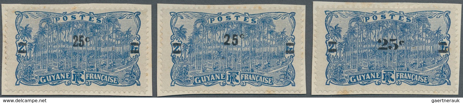 Französisch-Guyana: 1924, Revaluation Overprints, 25c. On 2fr. Blue, Three Different Essays Of Overp - Ongebruikt