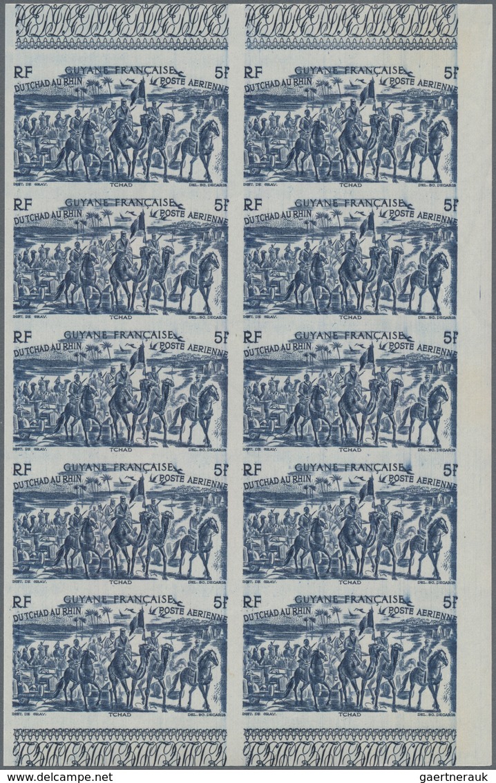 Französisch-Guyana: 1946, From Tchad To Rhine Complete Set Of Six In IMPERFORATE Blocks Of Ten, Mint - Unused Stamps