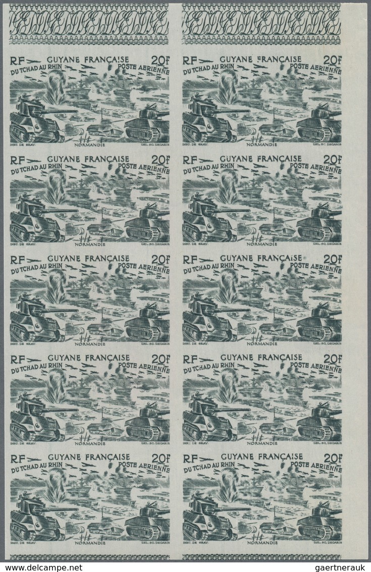 Französisch-Guyana: 1946, From Tchad to Rhine complete set of six in IMPERFORATE blocks of ten, mint