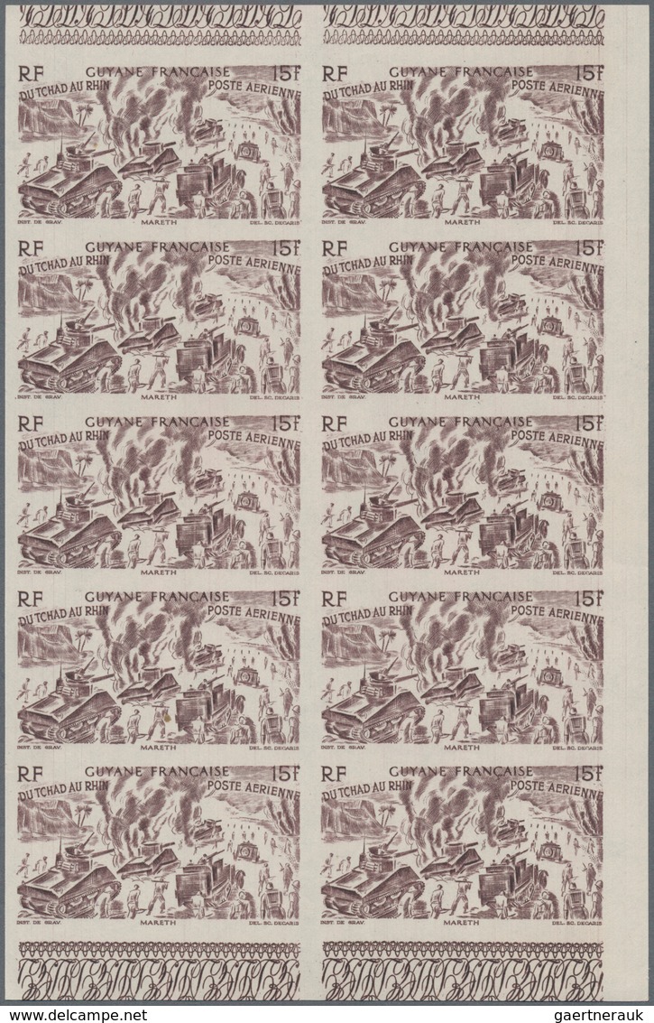 Französisch-Guyana: 1946, From Tchad to Rhine complete set of six in IMPERFORATE blocks of ten, mint