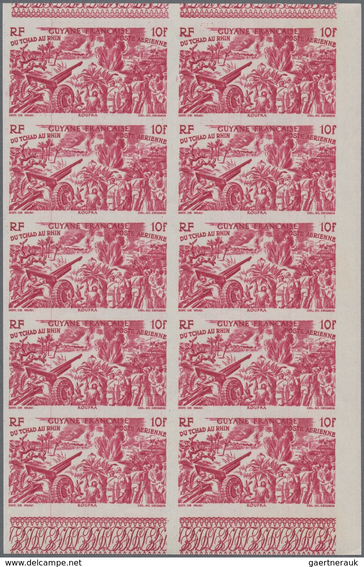 Französisch-Guyana: 1946, From Tchad to Rhine complete set of six in IMPERFORATE blocks of ten, mint