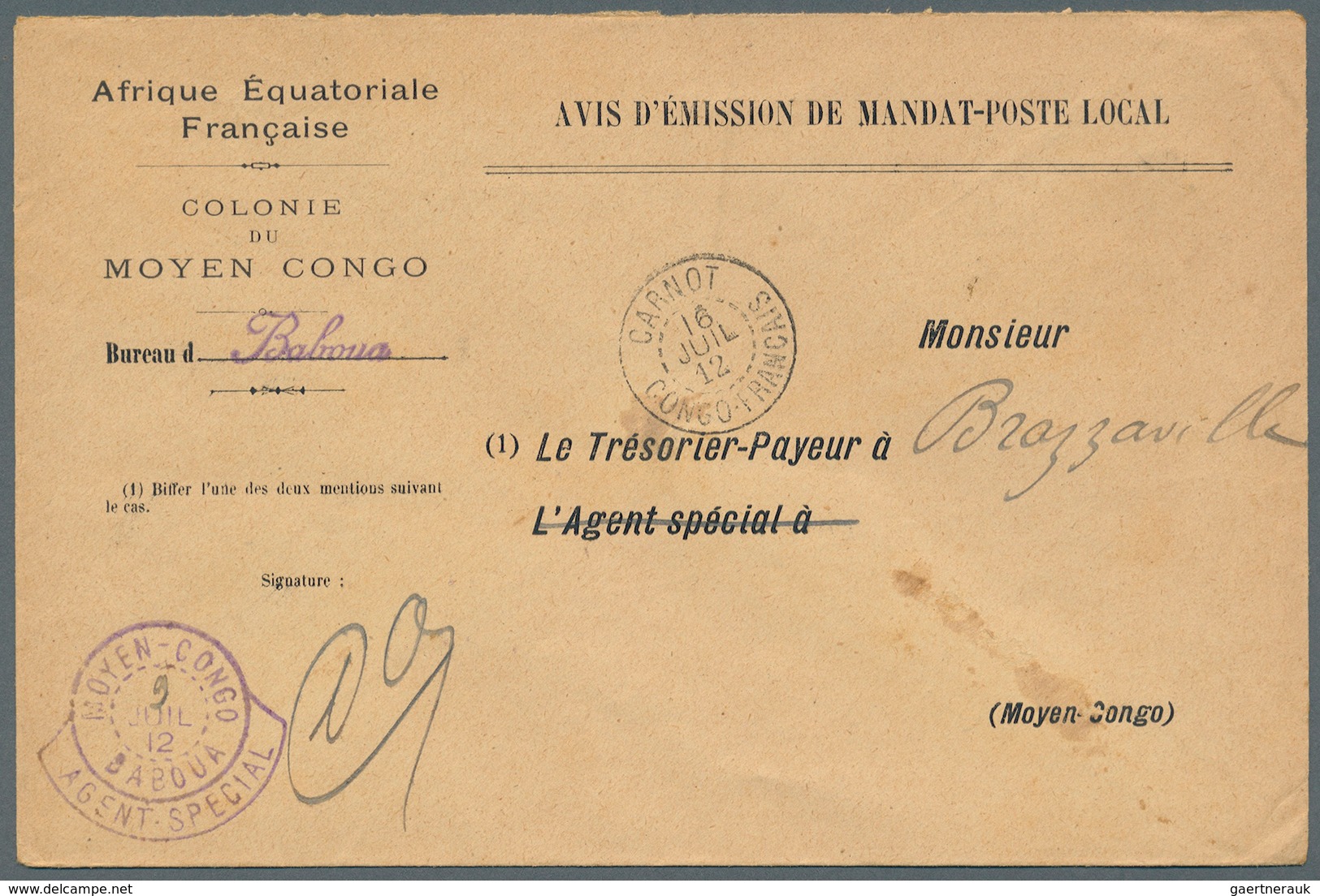 Französisch-Kongo: 1912. Stampless 'Avis D'Emission De Mandat-Poste Local' Envelope Headed 'Afrique - Other & Unclassified