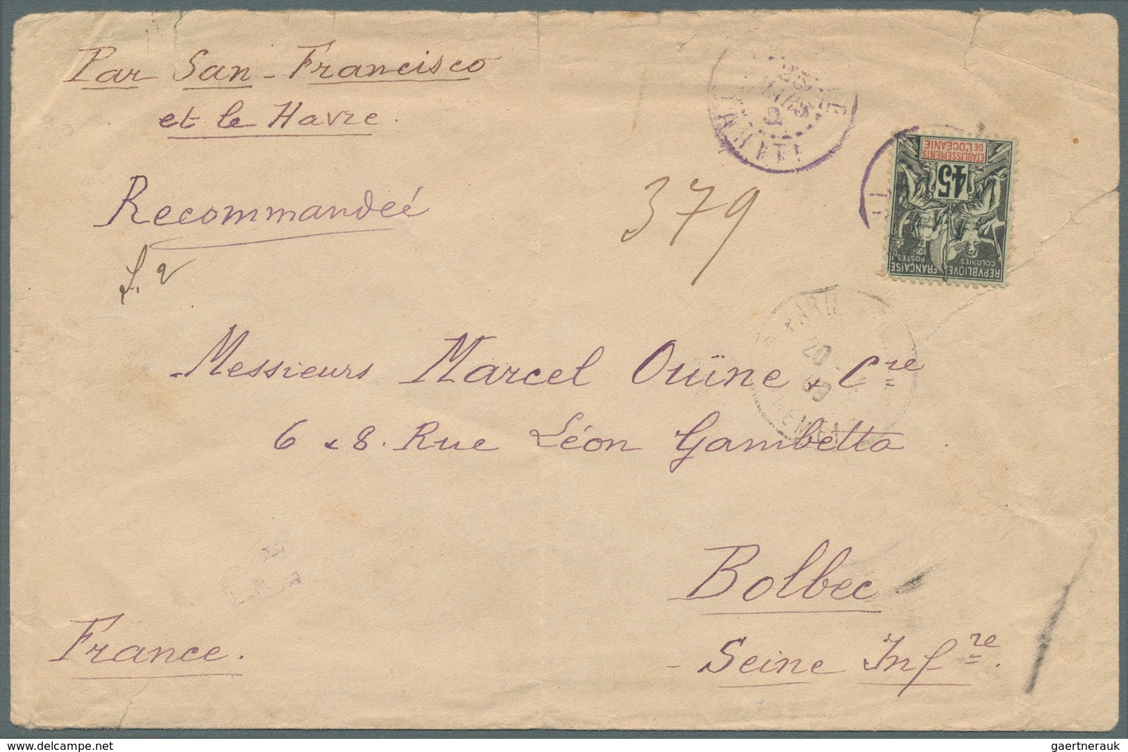 Französisch-Ozeanien: 1909. Registered Envelope (creased, Vertical Fold And A Few Tears) Addressed T - Andere & Zonder Classificatie