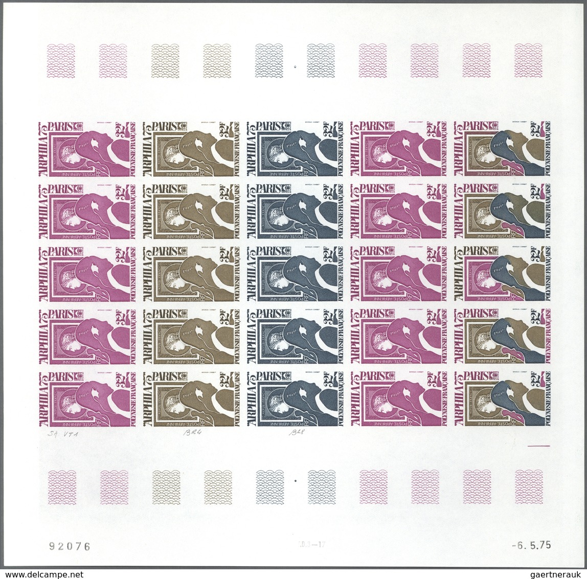 Französisch-Polynesien: 1975. Complete Issue "Arphila 75" (1 Value) In 3 Different Color Proof Sheet - Other & Unclassified