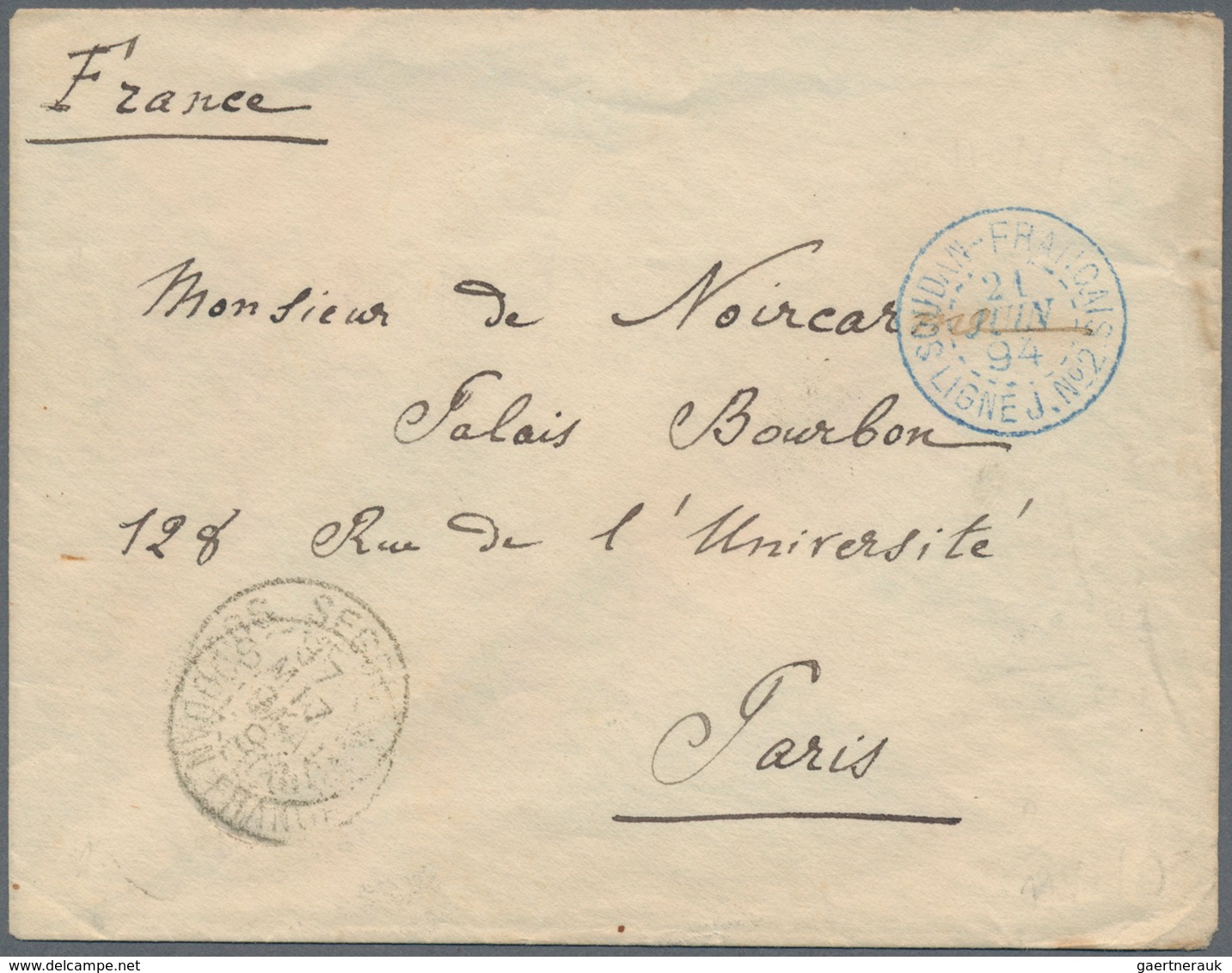 Französisch-Sudan: 1894, "SOUDAN FRANCAISE LIGNE J No 2" Blue Shippost-cancel On Fieldpost Letter Sh - Covers & Documents