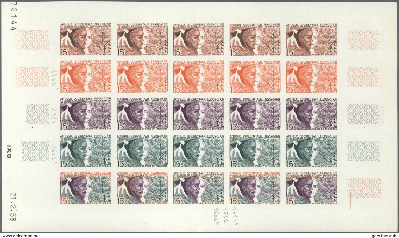 Französisch-Westafrika: 1958. Complete Issue "Stamp Day 1958" (1 Value) In 5 Different Color Proof S - Other & Unclassified