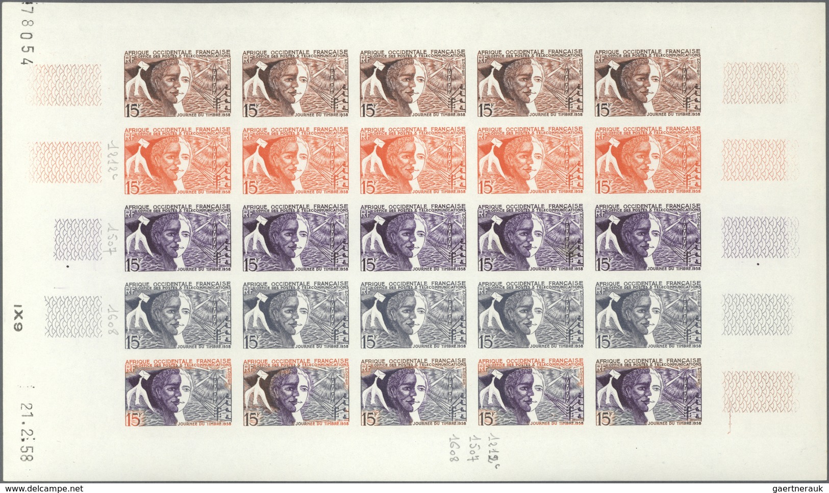 Französisch-Westafrika: 1958. Complete Issue "Stamp Day 1958" (1 Value) In 5 Different Color Proof S - Andere & Zonder Classificatie