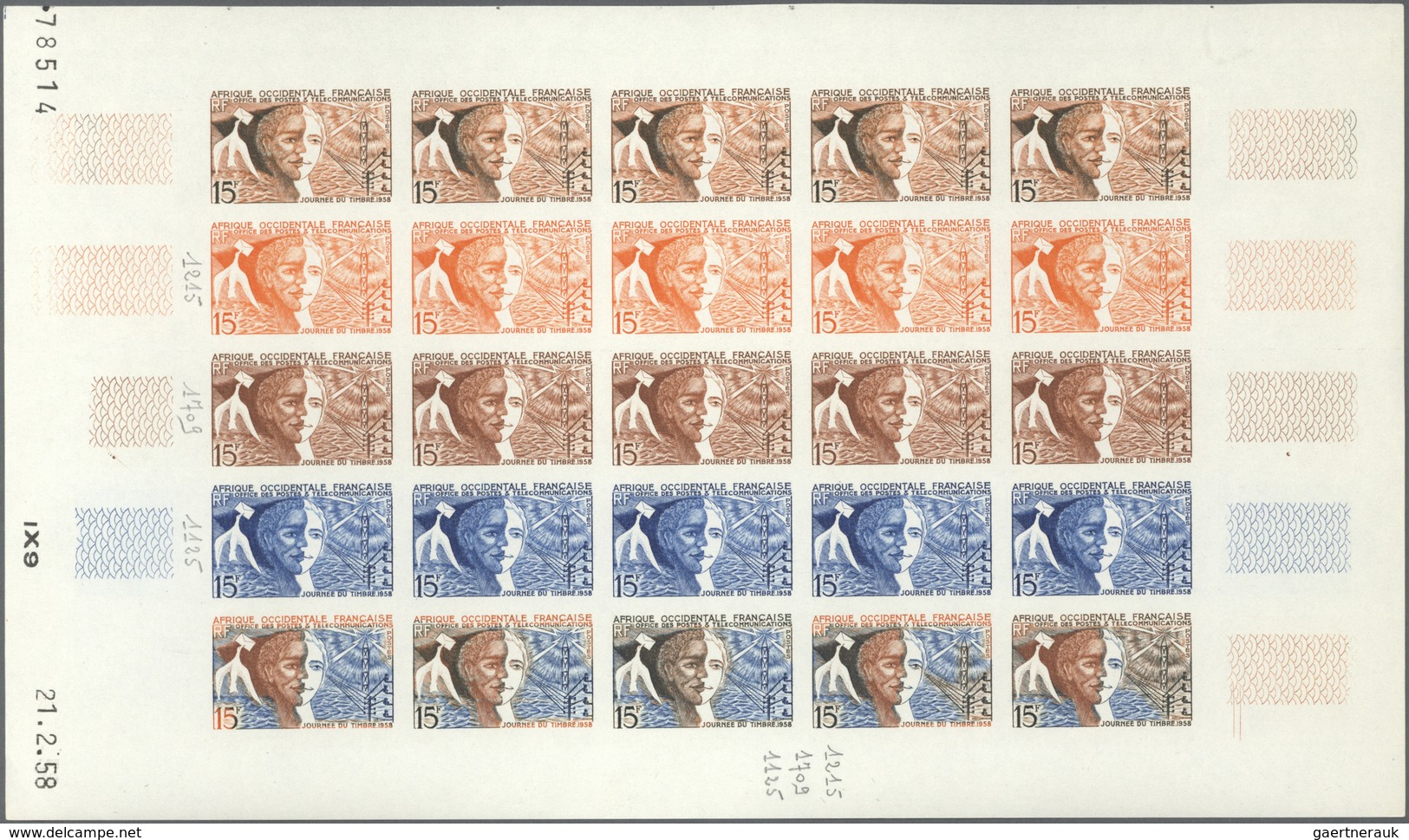 Französisch-Westafrika: 1958. Complete Issue "Stamp Day 1958" (1 Value) In 5 Different Color Proof S - Other & Unclassified