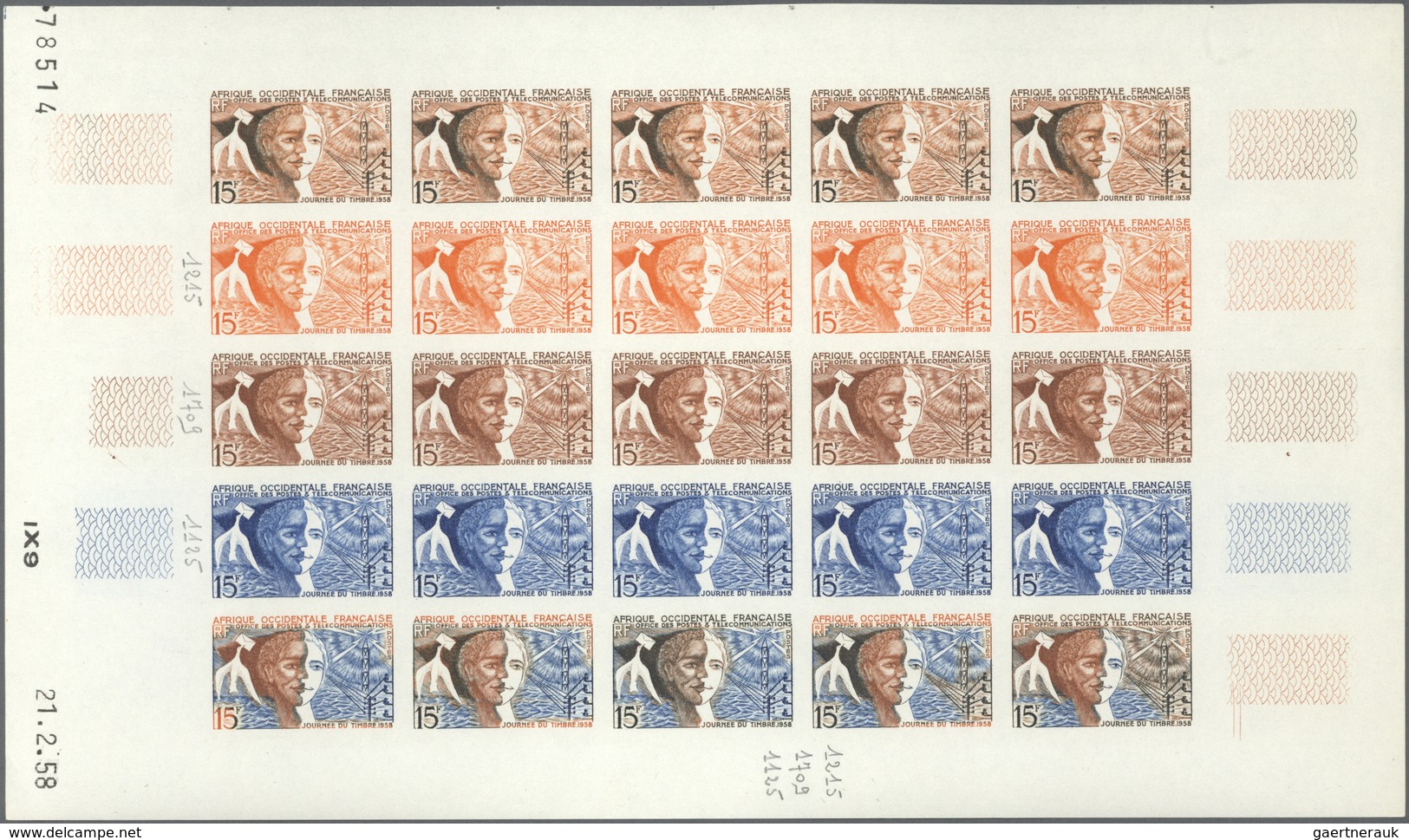 Französisch-Westafrika: 1958. Complete Issue "Stamp Day 1958" (1 Value) In 5 Different Color Proof S - Andere & Zonder Classificatie