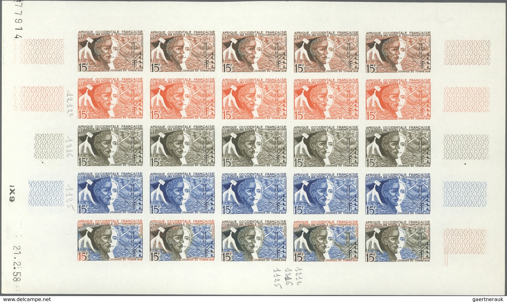 Französisch-Westafrika: 1958. Complete issue "Stamp Day 1958" (1 value) in 5 different color proof s