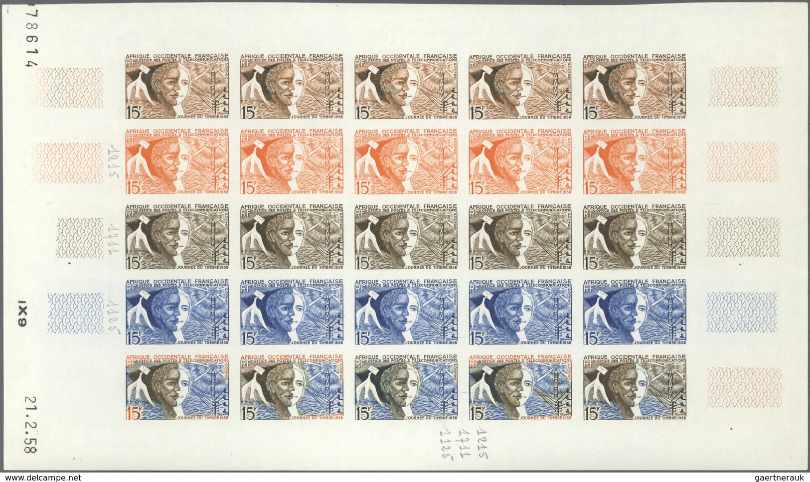 Französisch-Westafrika: 1958. Complete issue "Stamp Day 1958" (1 value) in 5 different color proof s