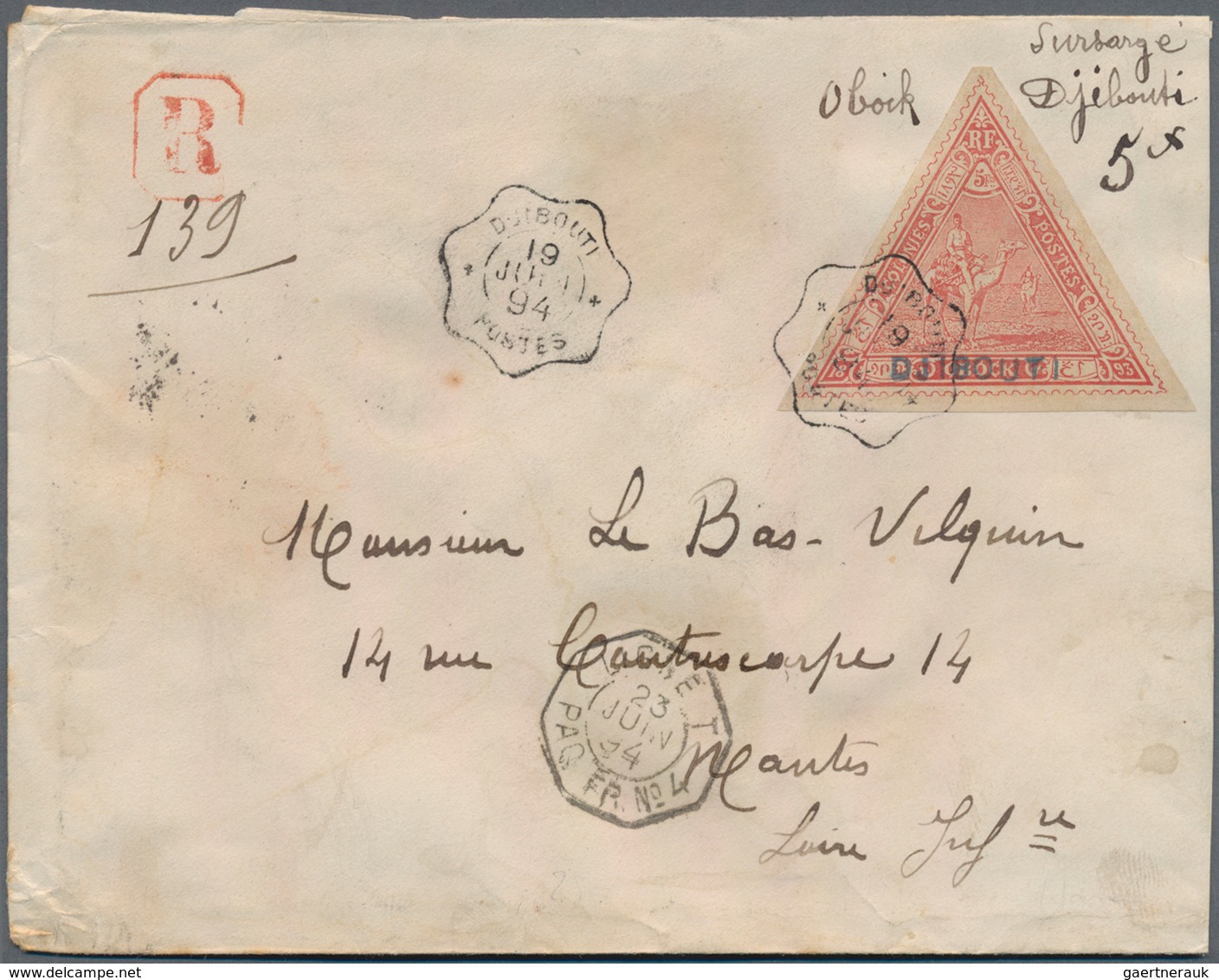 Französische Somaliküste: 1894 "DJIBOUTI" Handstamp In Blue On Obock Triangle 5fr. Red Used On Regis - Covers & Documents