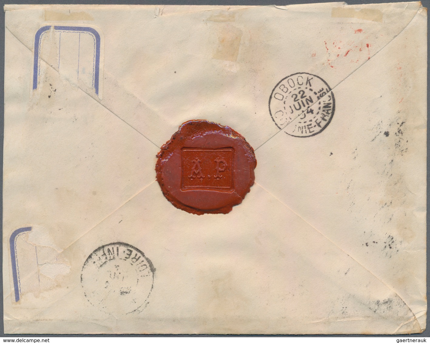 Französische Somaliküste: 1894 "DJIBOUTI" Handstamp In Blue On Obock Triangle 5fr. Red Used On Regis - Covers & Documents