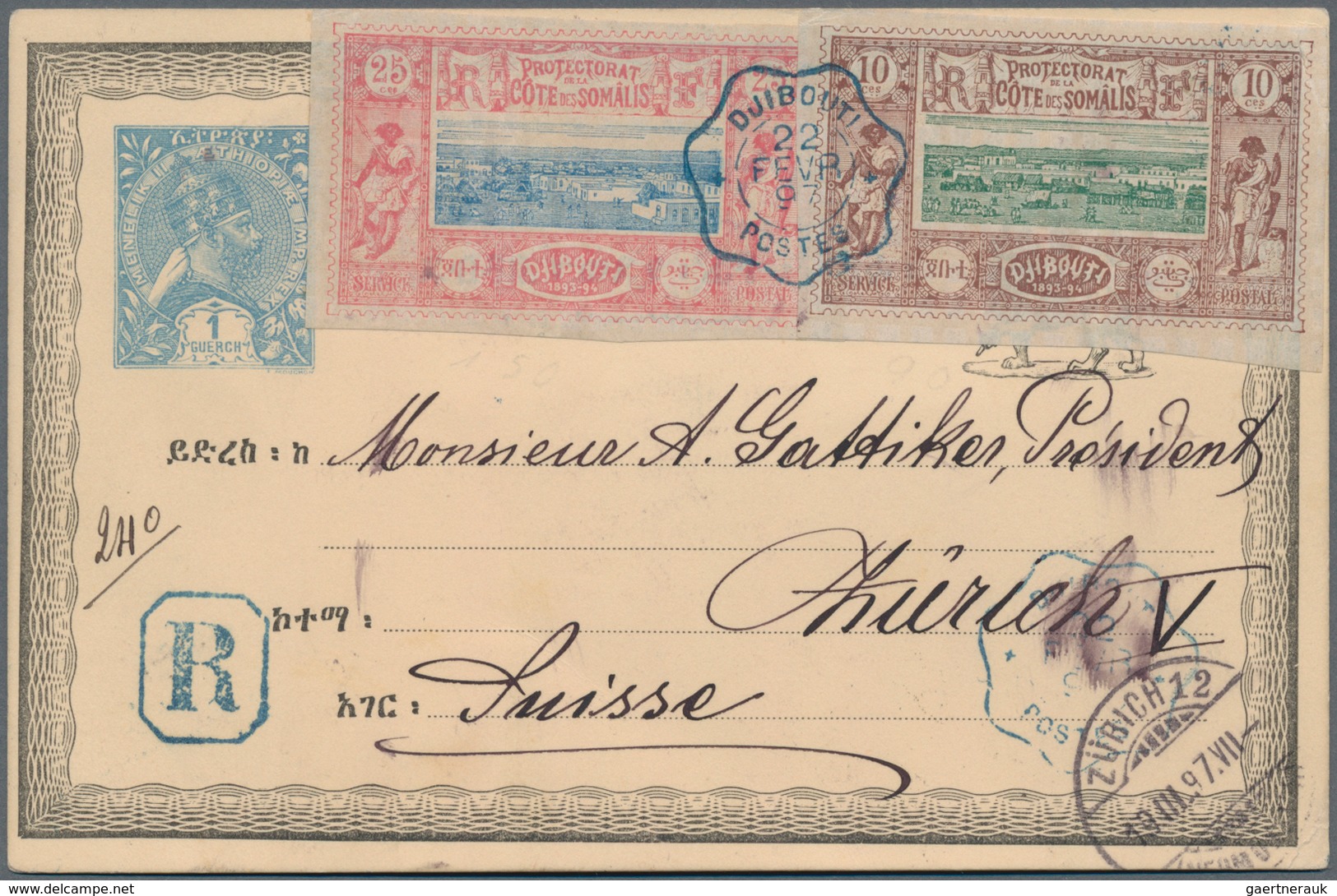 Französische Somaliküste: 1894 10c. And 25c. Used On Ethiopian Postal Stationery Card 1g. Blue Sent - Brieven En Documenten