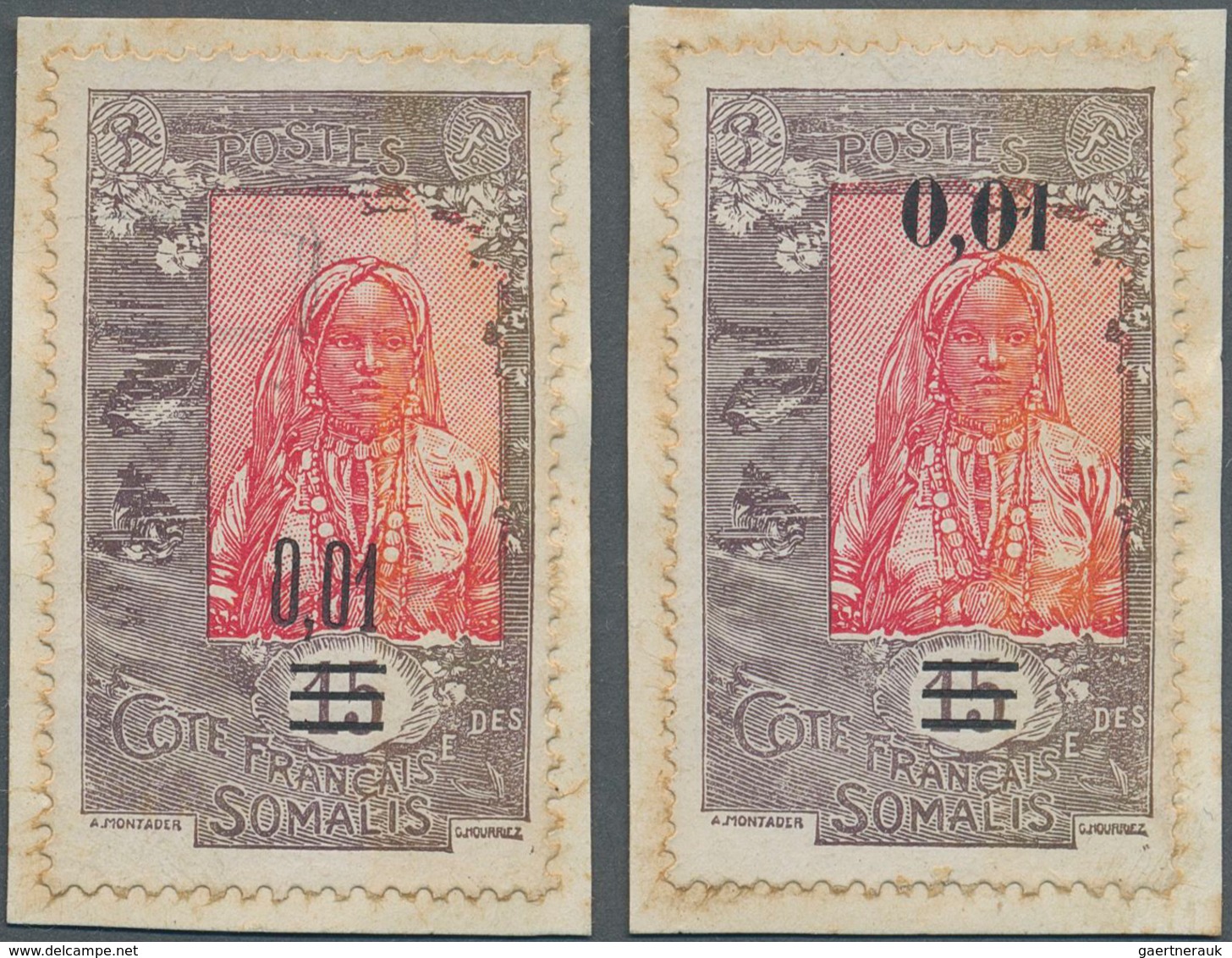 Französische Somaliküste: 1922, Revaluation Overprints, 0.01 On 15c. Brownish Lilac/red, Two Differe - Covers & Documents