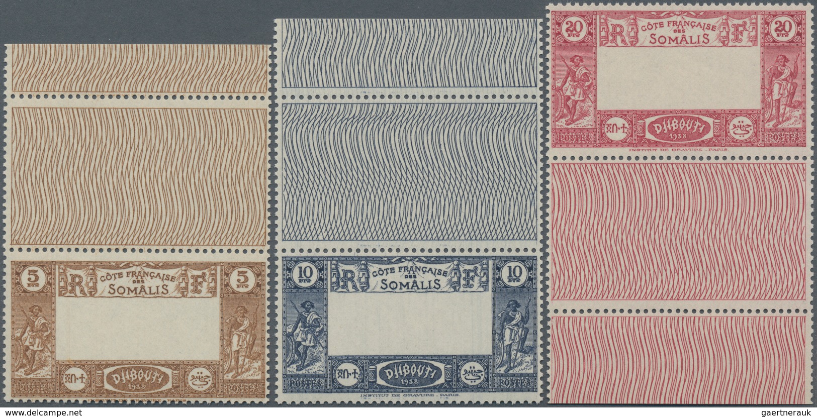 Französische Somaliküste: 1938, View Of Djibouti Definitives 5fr., 10fr. And 20fr. With MISSING CENT - Covers & Documents