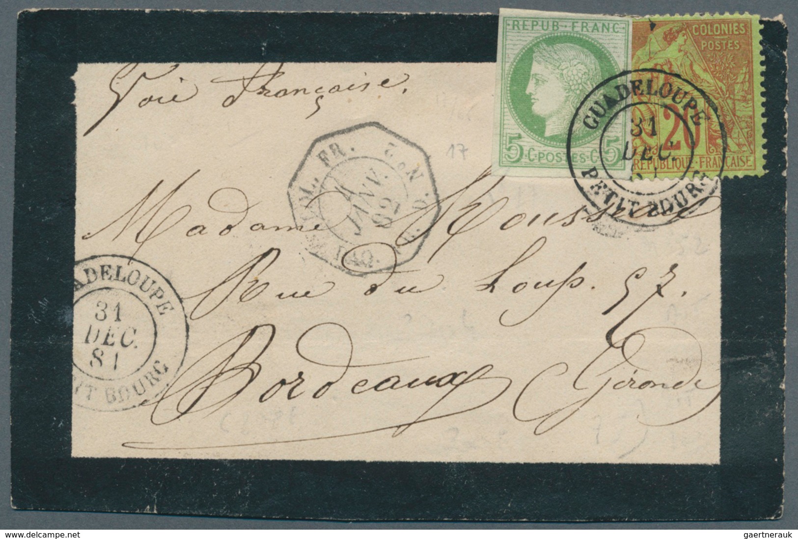 Guadeloupe: 1881. Mourning Envelope (front) Addressed To Bordeaux Bearing French General Colonies Yv - Cartas & Documentos