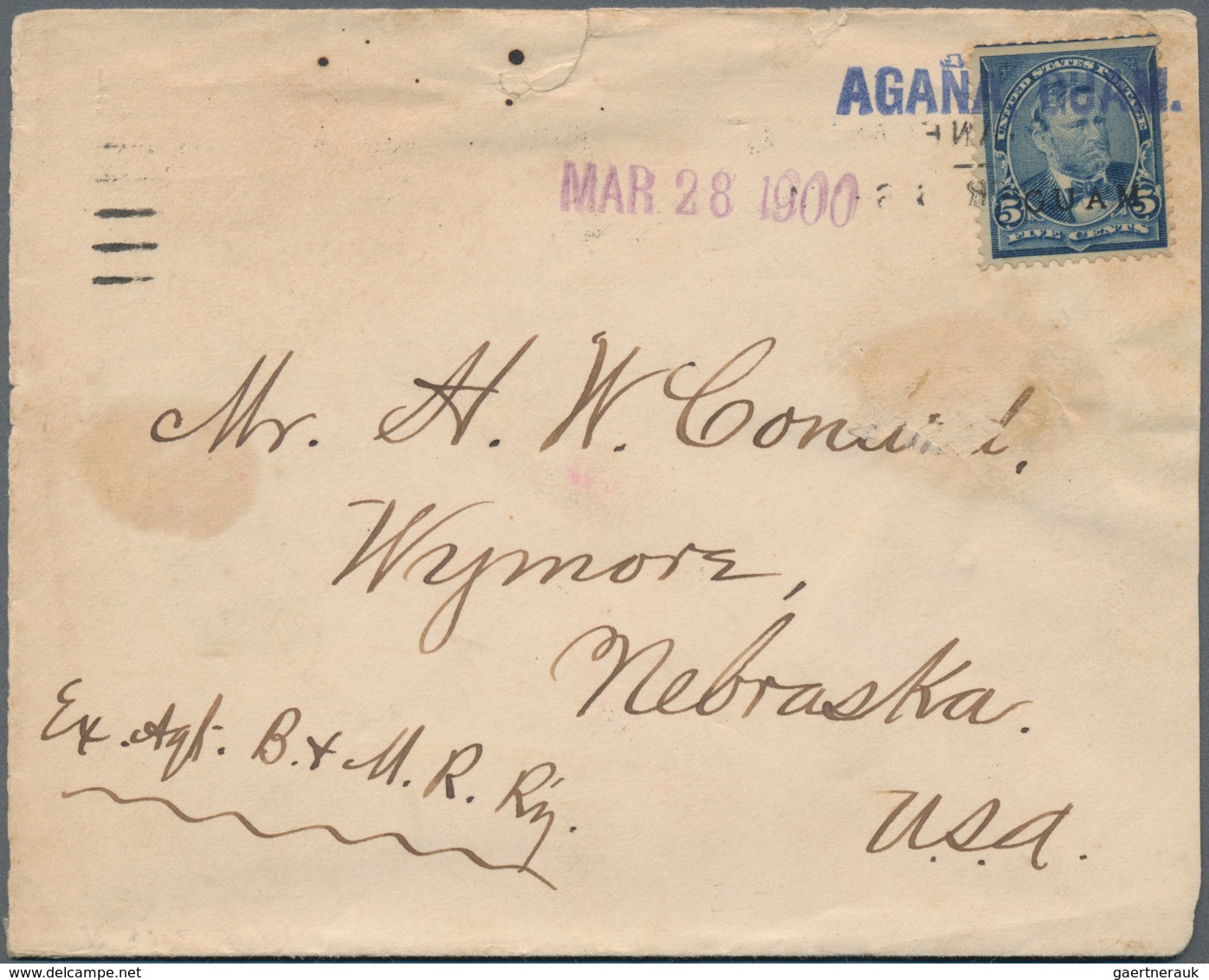 Guam: 1900, 5 C Blue, Tied By Blue Straight Line Rubber Handstamp "AGANA GUAM", Besides Violet Strai - Guam