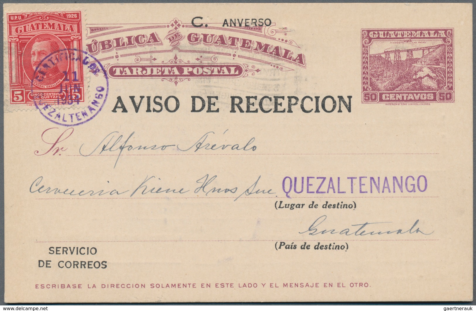 Guatemala - Ganzsachen: 1934, 50 C Red-brown Postal Stationery Card With Additional Franking From Th - Guatemala