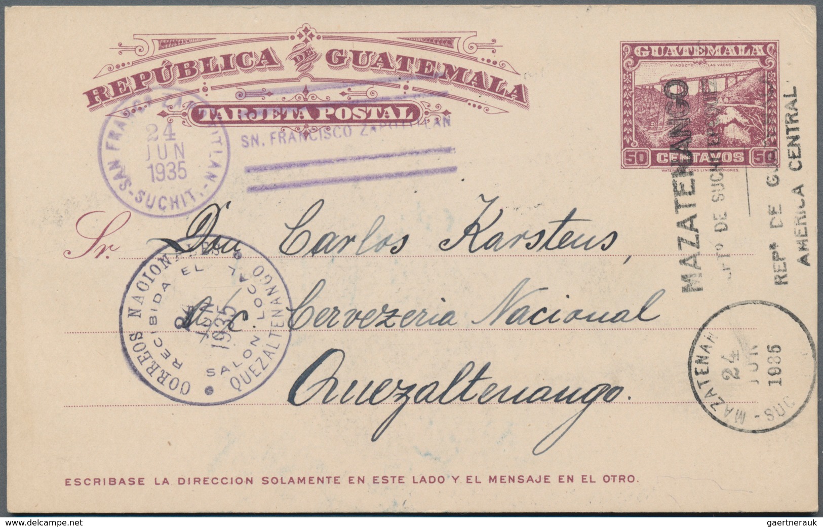 Guatemala - Ganzsachen: 1935, 50 C Brown Postal Stationery Card Used In QUEZALTENANGO With A Picture - Guatemala