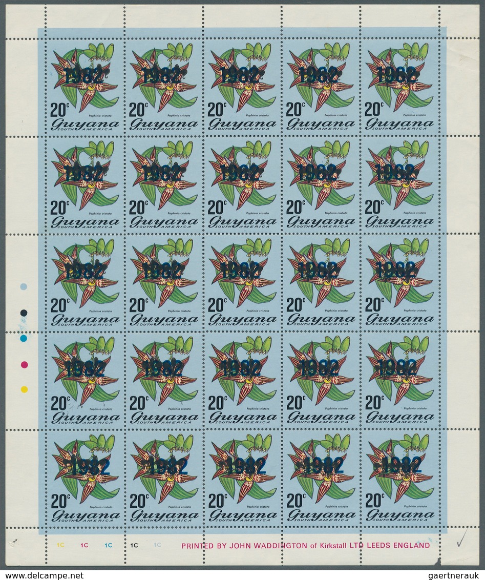 Guyana: 1982, Ovpt "1982" On 20c Orchids, Perforated 13, Different Shade, Complete Sheet Of 25, Fold - Guyana (1966-...)
