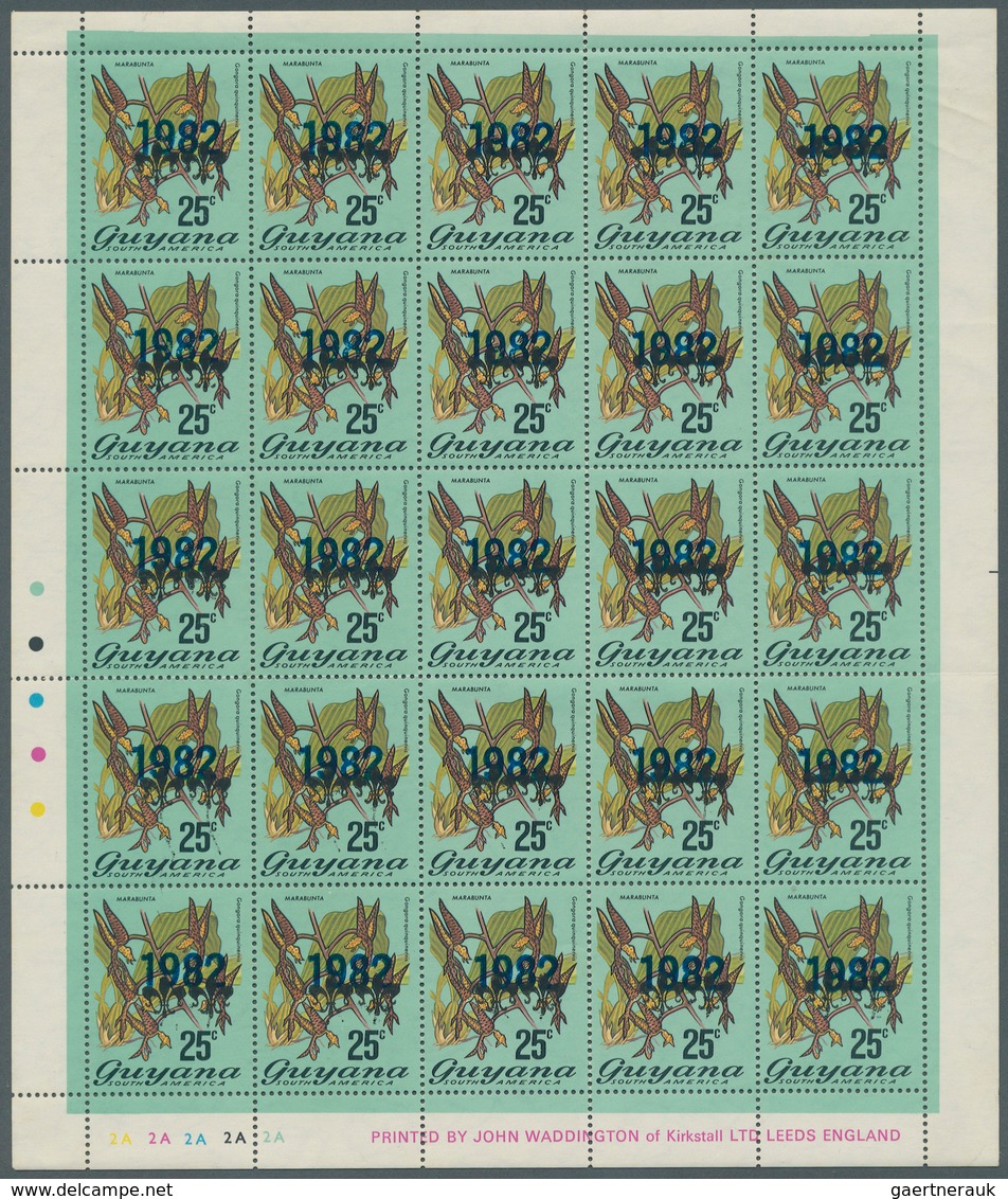 Guyana: 1982, Ovpt "1982" On 25c Orchids, Complete M/s Of 25, Folded Once At Perforation, Mint, NH. - Guyana (1966-...)