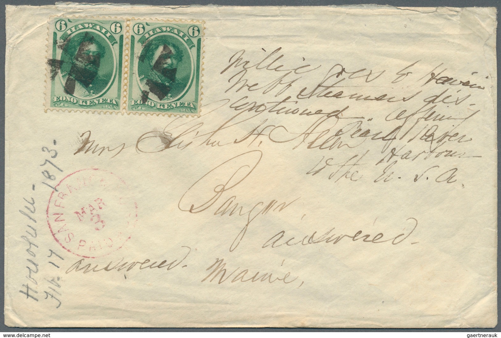 Hawaii: 1871, King Kamehameha 6 C. Green, Horizontal Pair Tied By Mute Cancel To Cover With Handwrit - Hawaï