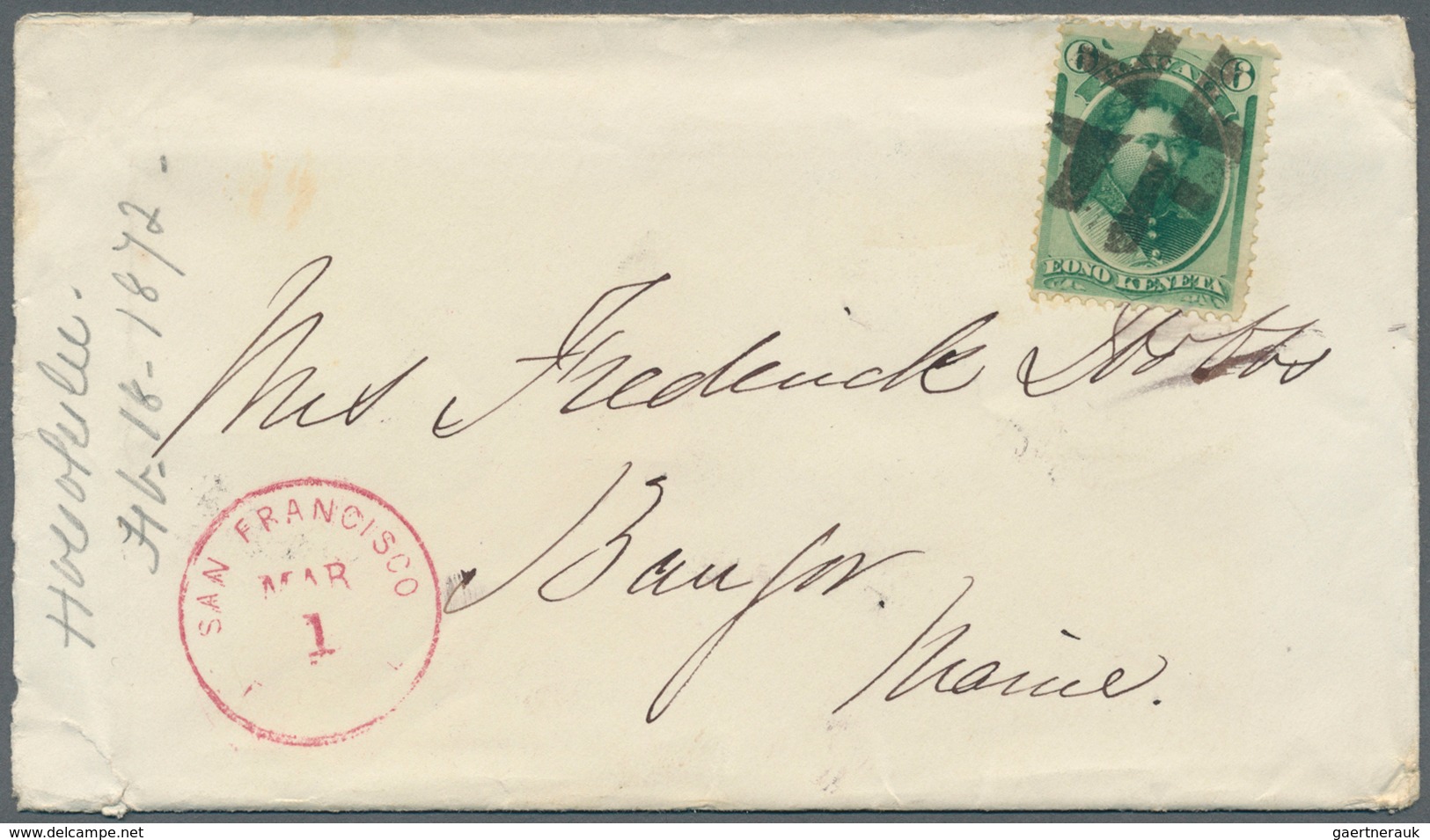 Hawaii: 1871, King Kamehameha 6 C. Green, Tied By Mute Cancel To Cover With Handwritten Dated "Honol - Hawaii