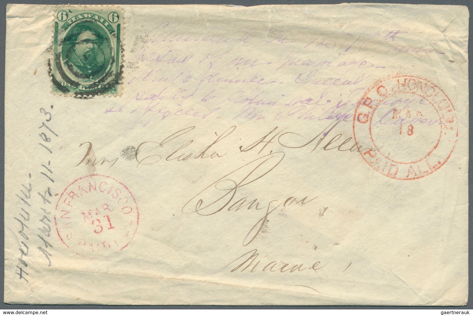 Hawaii: 1871, King Kamehameha 6 C. Green, Tied By Target Cancel To Cover And Adjacent Red Post Mark - Hawaii