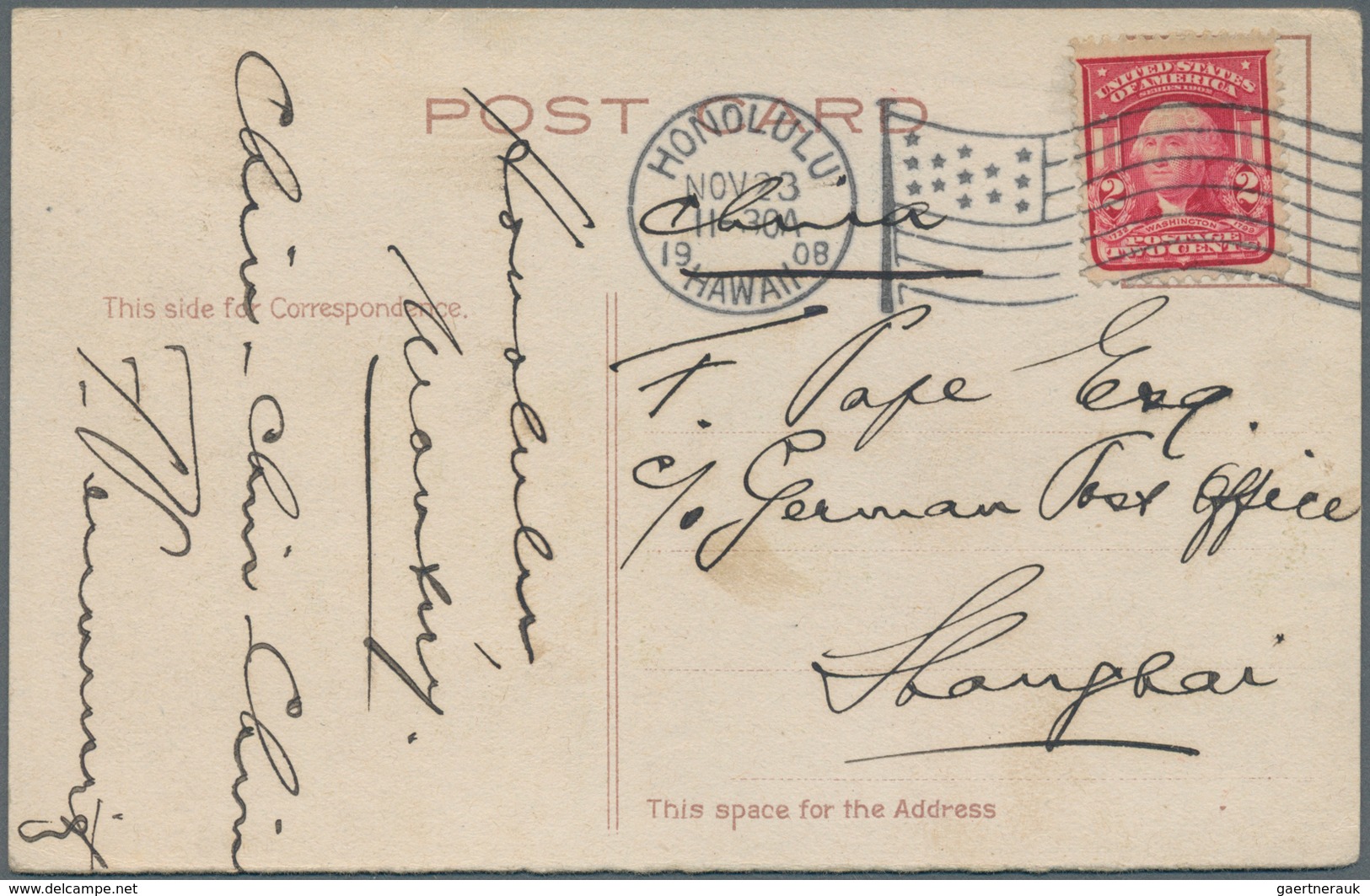 Hawaii: 1908, US 2 C. Washington Tied Flag Machine "HONOLULU NOV 23 08" To TKK Card Showing Fuji/che - Hawaï