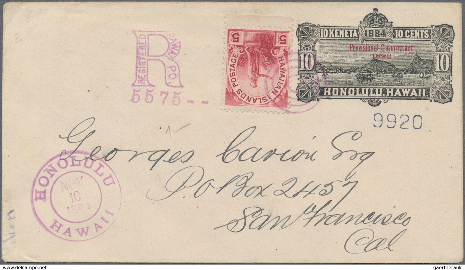 Hawaii - Ganzsachen: 1893, Provisional Government, Envelope 10c. Black Uprated By 5c. Rose-lake, Reg - Hawaï