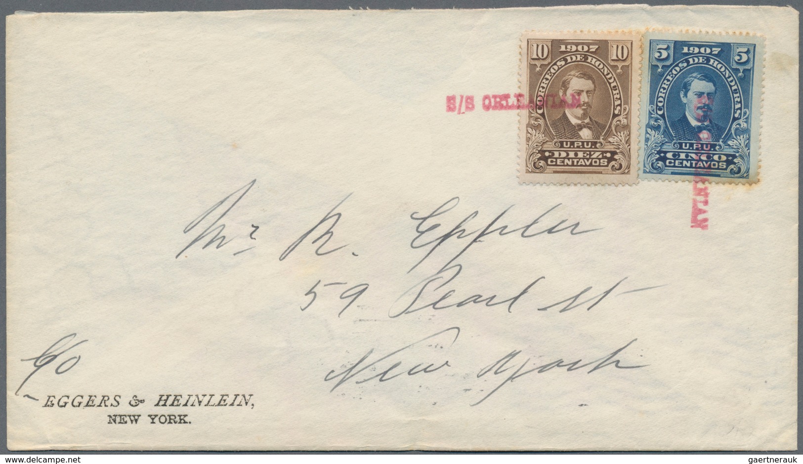 Honduras: 1910, 5c. Blue And 10c. Brown On Ship Mail Cover Addressed To New York, Oblit. By Two Stri - Honduras