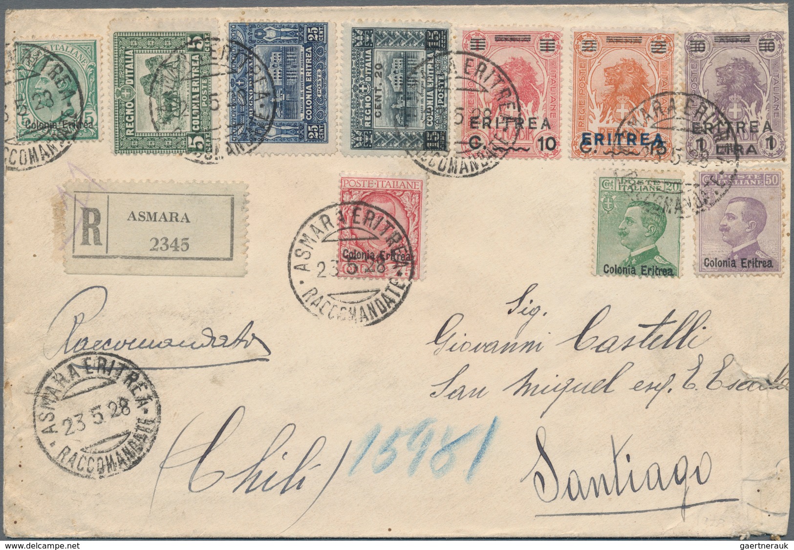 Italienisch-Eritrea: 1908/1926, 10 Different Stamps With A Total Franking Of 3,25 Lire On Registered - Eritrea