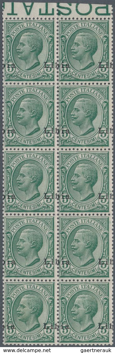 Italienisch-Libyen: 1912, 5 C Green With Horizontal Block Of Ten With Overprint "Libia" Above Two St - Libia