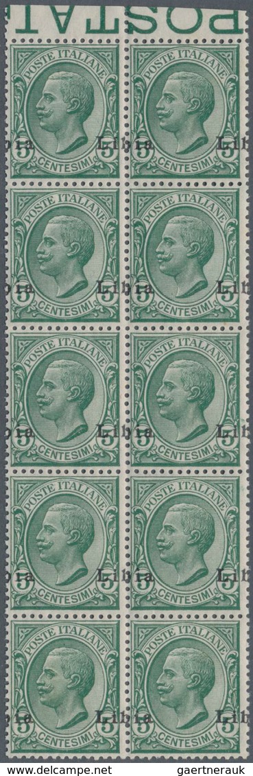 Italienisch-Libyen: 1912, 5 C Green With Horizontal Block Of Ten With Overprint "Libia" Above Two St - Libya