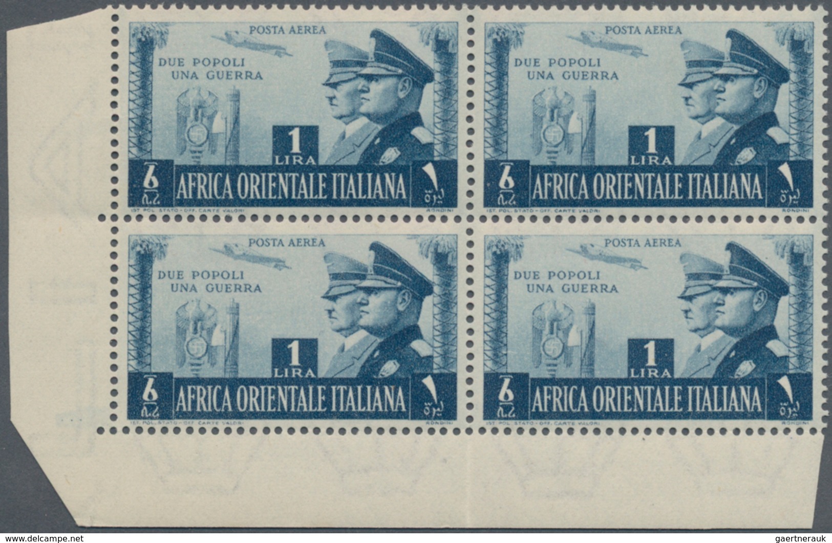 Italienisch-Ostafrika: 1941, Mussolini&Hitler Airmail 1 L., A Bottom Left Corner Block Of Four With - Italian Eastern Africa