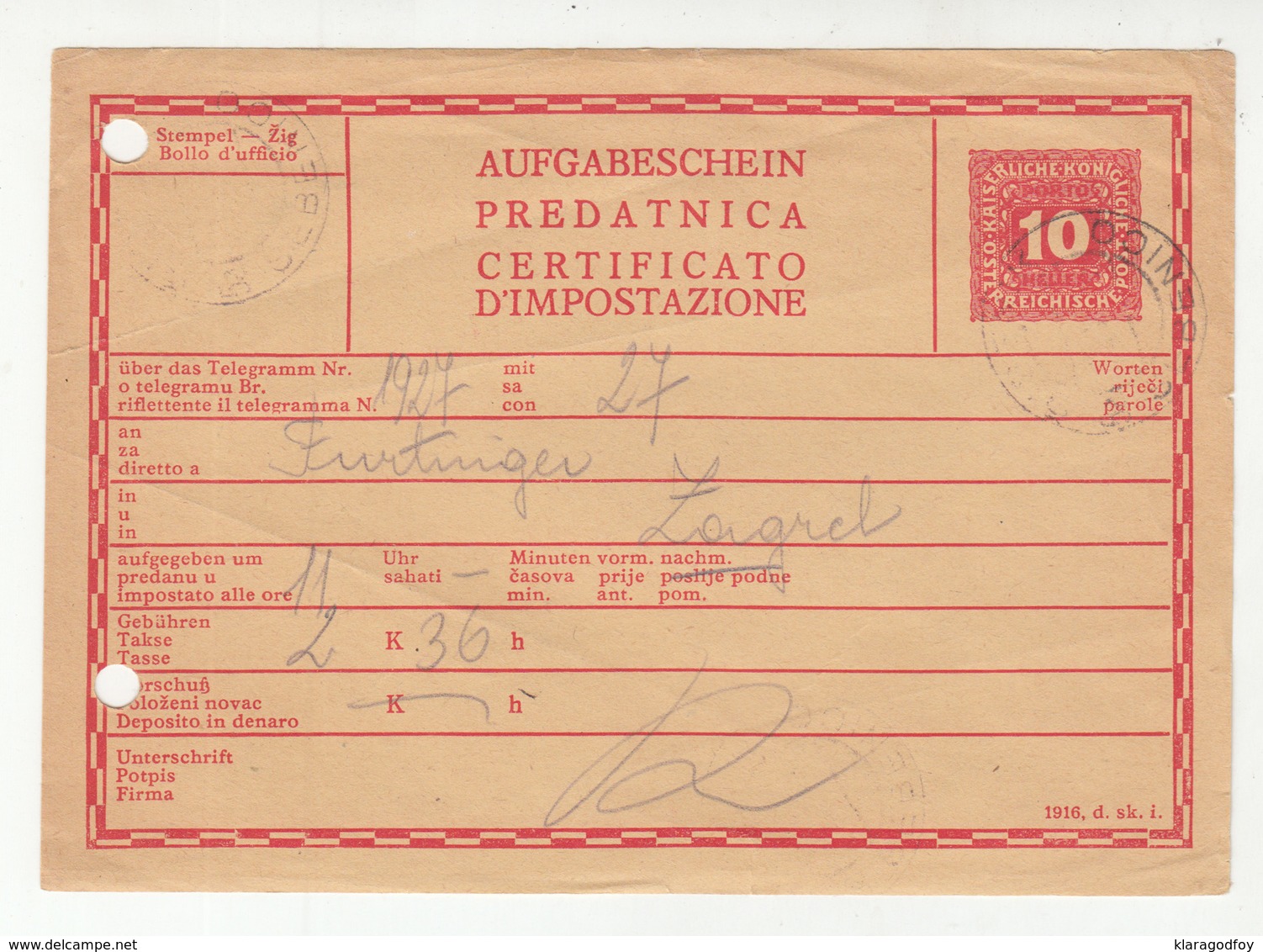 Croatia Austria Postal Stationery Aufgabeschein Predatnica 191? Šibenik Sebenico D B190601 - Kroatien