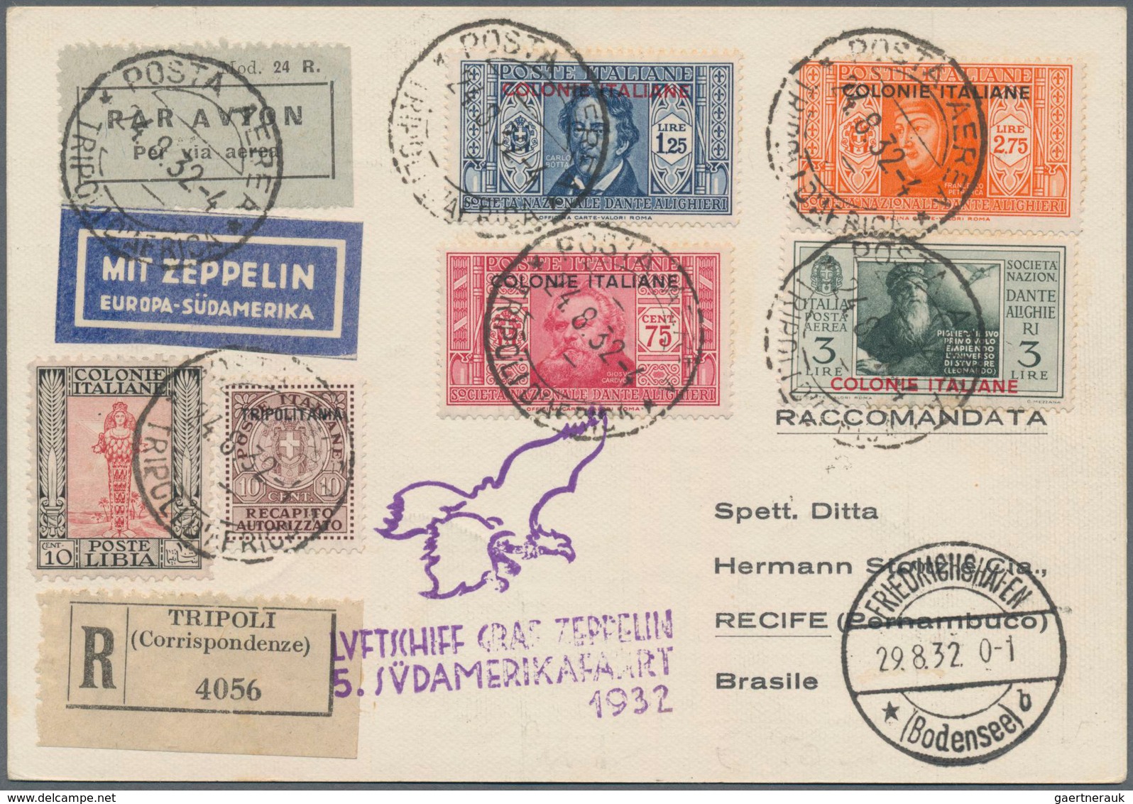 Italienisch-Tripolitanien: 1932 Registered Cover From Tripoli To Recife Via Friedrichshafen, 5th Zep - Tripolitania