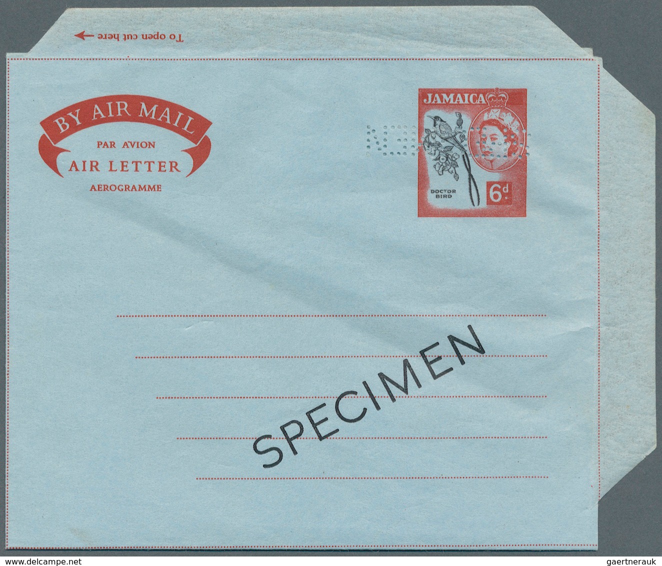 Jamaica: 1956 Aerogramme: ESSAY (#22022) Of Air Letter QEII 6d 'bird' Perforated And Optd. SPECIMEN - Jamaica (1962-...)