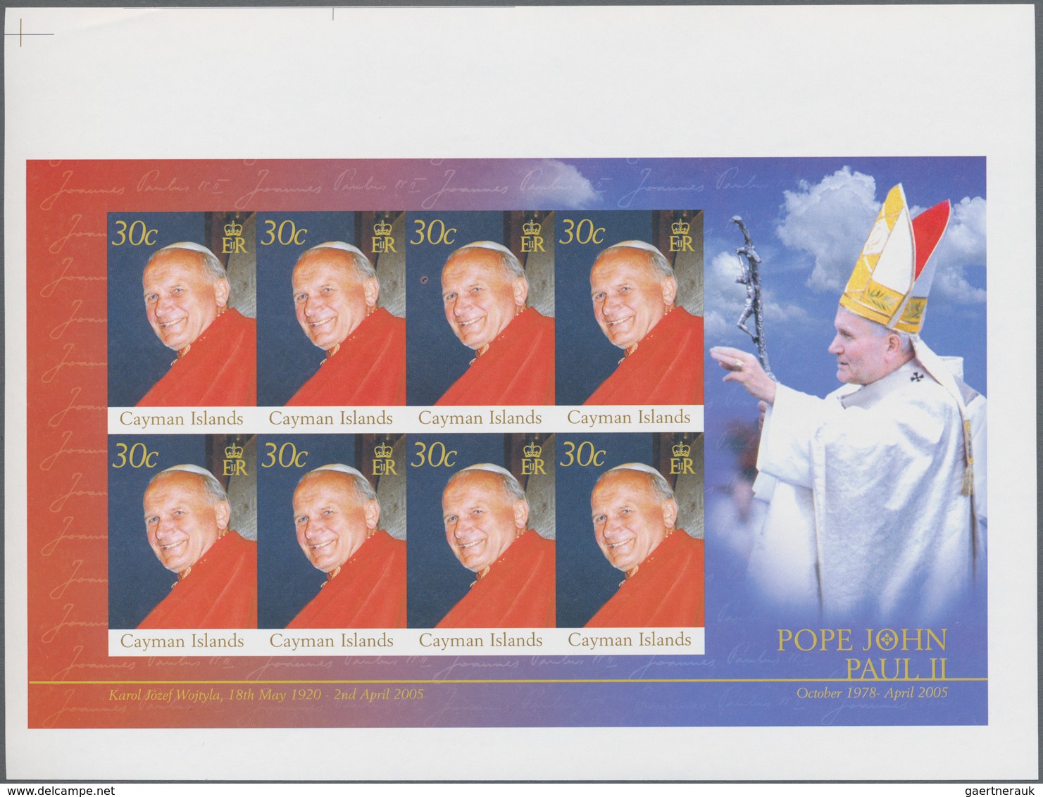 Kaiman-Inseln / Cayman Islands: 2005, Death Of Pope John Paul II. 30c. Complete IMPERFORATE Sheetlle - Kaaiman Eilanden