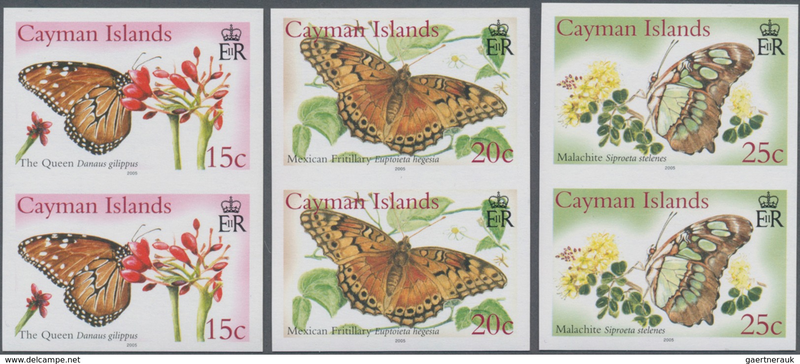 Kaiman-Inseln / Cayman Islands: 2005, Butterflies Complete Set Of Six In Vertical IMPERFORATE Pairs, - Cayman Islands