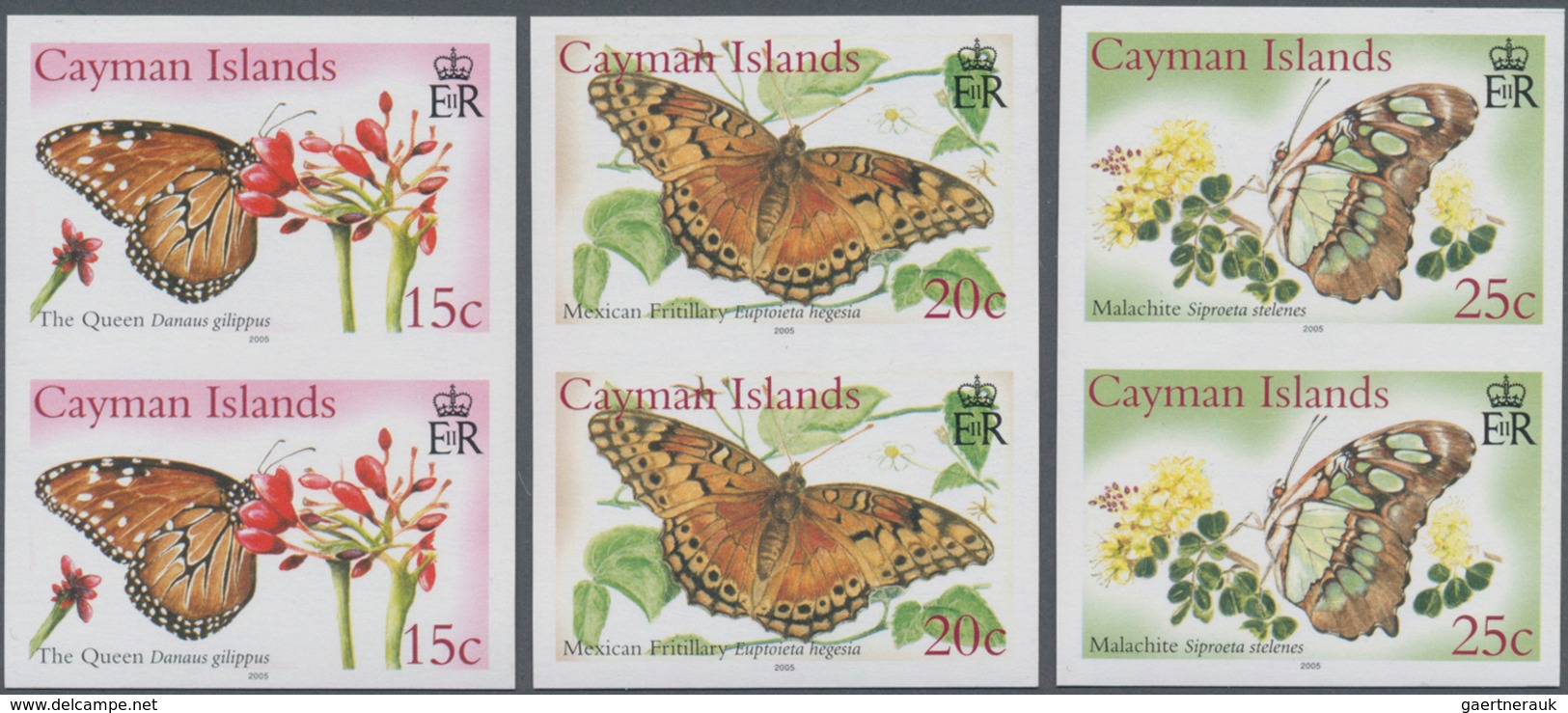 Kaiman-Inseln / Cayman Islands: 2005, Butterflies Complete Set Of Six In Vertical IMPERFORATE Pairs, - Kaaiman Eilanden