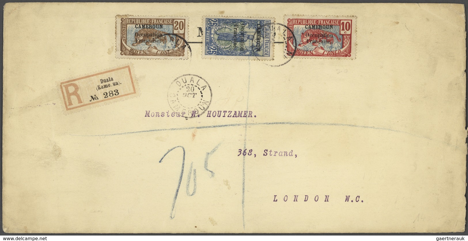 Kamerun: 1916 Registered Letter From Duala Franked With 10 Cent. Carmin/blue, 20 Cent. Brown/blue An - Cameroon (1960-...)