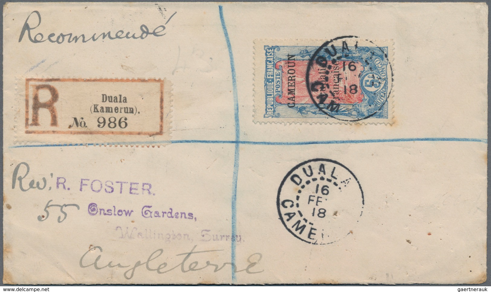 Kamerun: 1918 Registered Cover With Single Franking 5 Fr. Blue/red With Overprint "Cameroon/French O - Cameroon (1960-...)